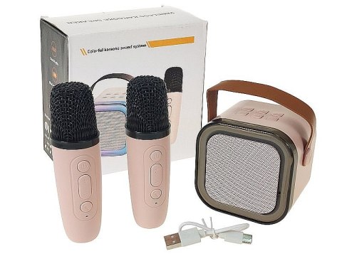 Karaoke, zestaw 2 mikrofonów z głośnikiem bluetooth 8,5 x 8,5 x 7cm z kablem USB Karaoke, zestaw 2 mikrofonów z głośnikiem bluetooth 8,5 x 8,5 x 7cm z kablem USB