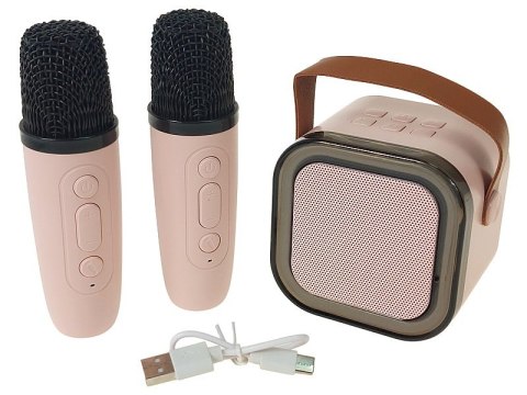 Karaoke, zestaw 2 mikrofonów z głośnikiem bluetooth 8,5 x 8,5 x 7cm z kablem USB Karaoke, zestaw 2 mikrofonów z głośnikiem bluetooth 8,5 x 8,5 x 7cm z kablem USB