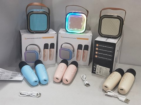 Karaoke, zestaw 2 mikrofonów z głośnikiem bluetooth 8,5 x 8,5 x 7cm z kablem USB Karaoke, zestaw 2 mikrofonów z głośnikiem bluetooth 8,5 x 8,5 x 7cm z kablem USB